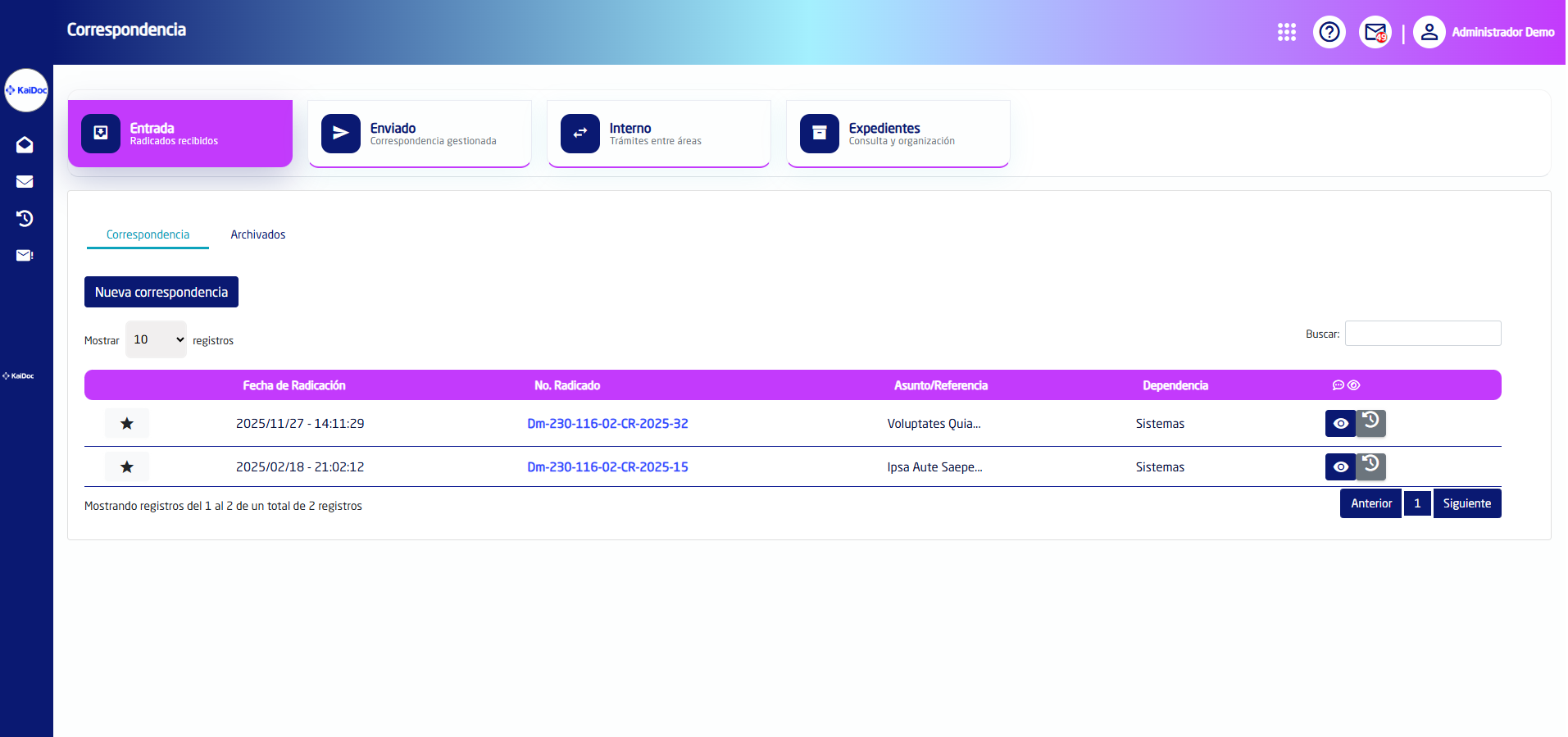 Gestión de correspondencia KaiDoc - radicación, trazabilidad y seguimiento de documentos entrantes y salientes