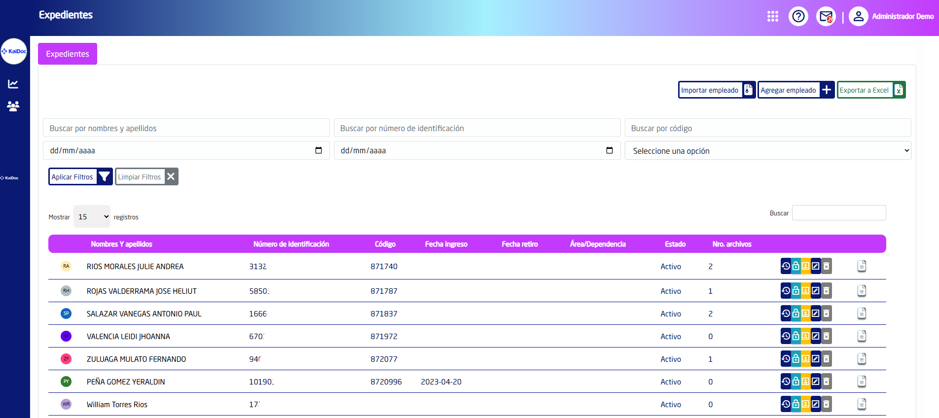 Expediente laboral digital en KaiDoc con vista de documentos por colaborador, checklist y control de vencimientos