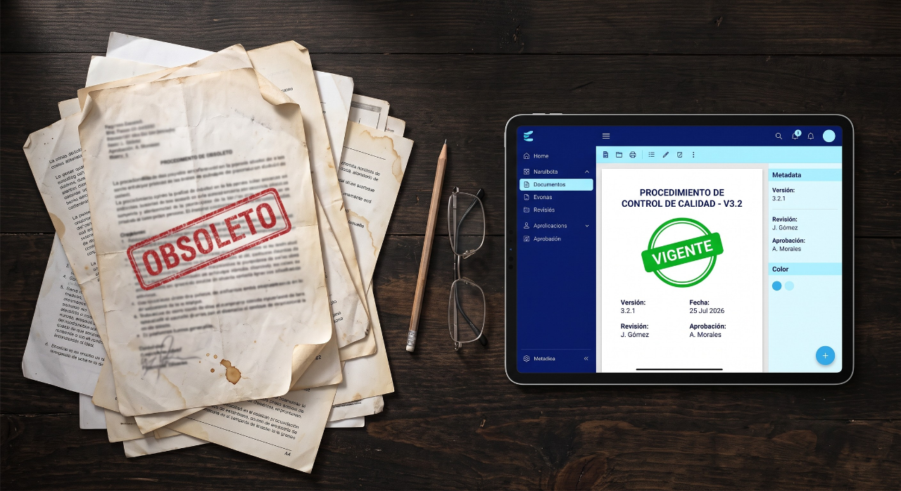 Vista cenital comparando documentos impresos desordenados y obsoletos con una versión digital controlada y vigente