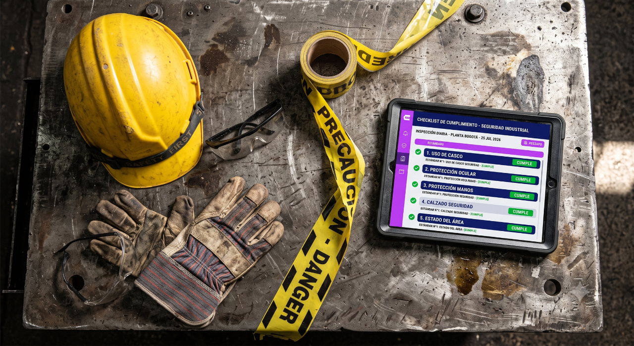 Elementos de protección personal industrial junto a tablet con checklist digital de estándares mínimos SG-SST