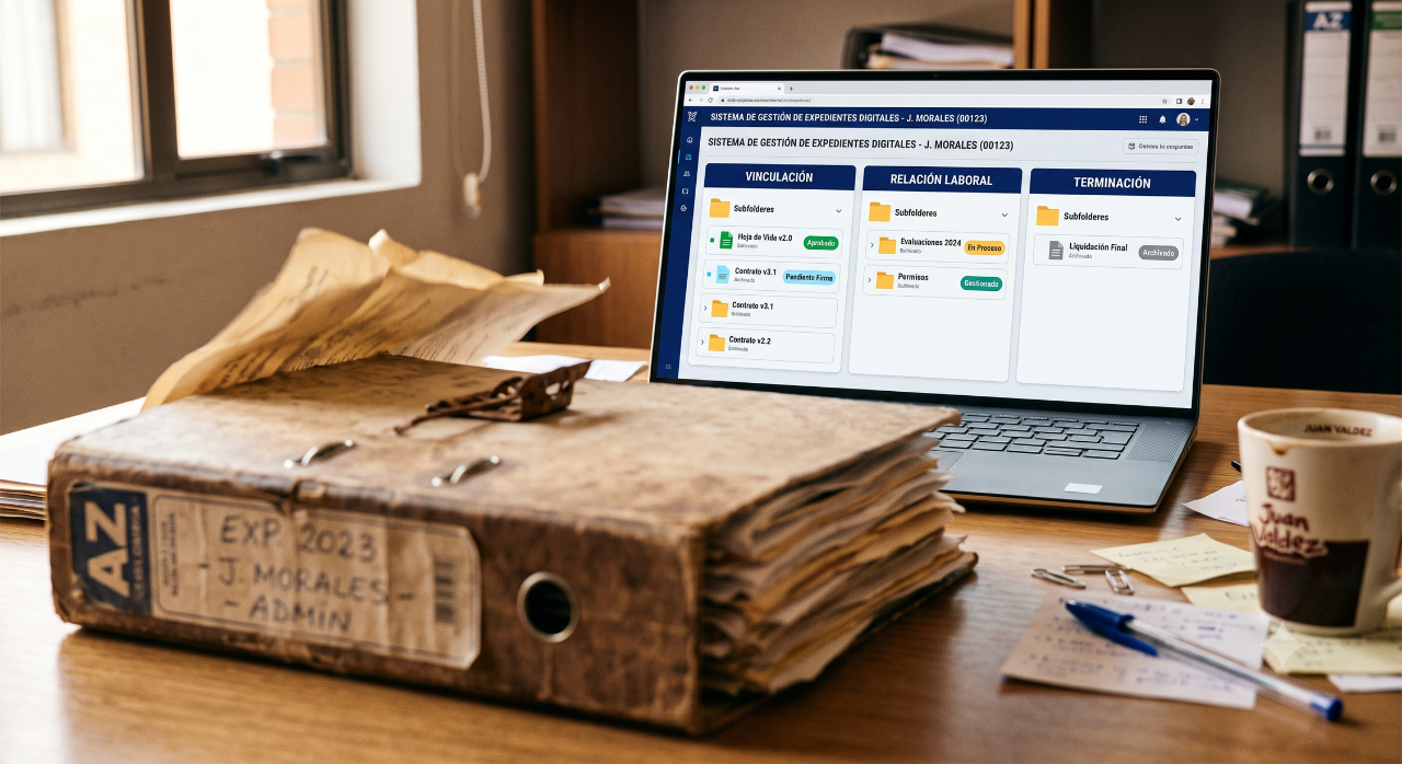 Carpeta física de archivo desenfocada junto a pantalla digital enfocada con expediente laboral organizado, simbolizando la transición de lo físico a lo digital