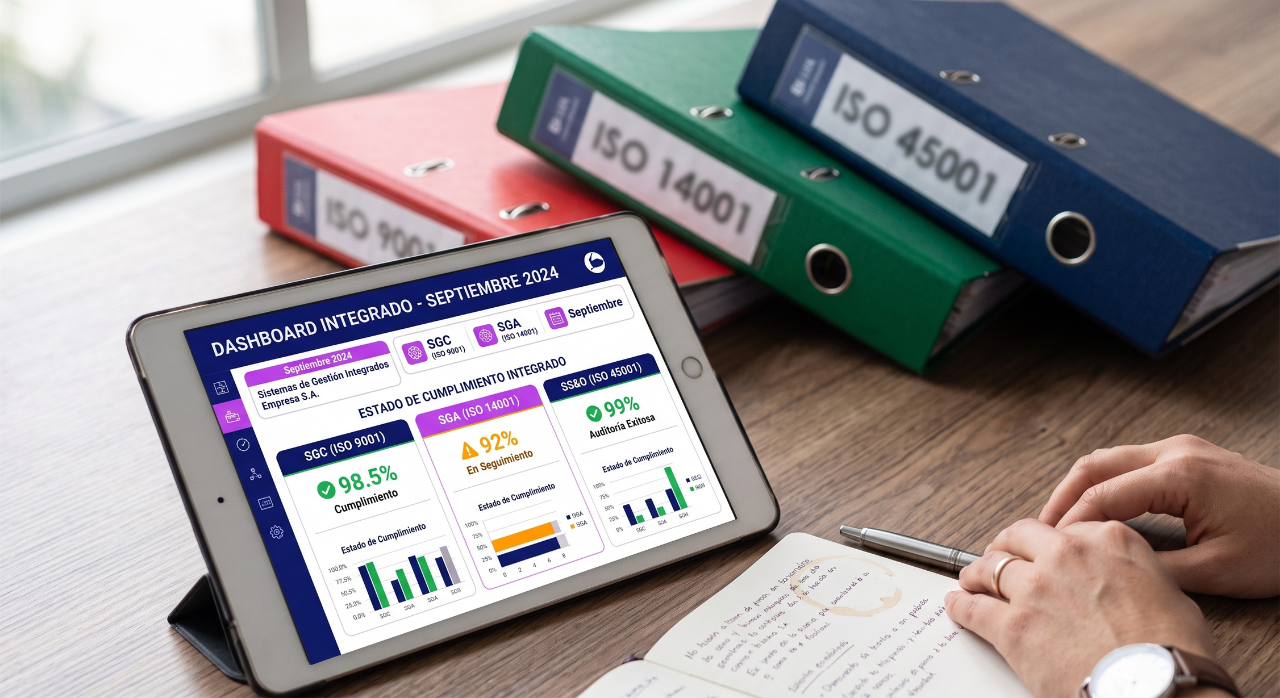 Tres carpetas físicas representando normas ISO 9001, 14001 y 45001 junto a una tablet con dashboard digital que las integra en un solo sistema
