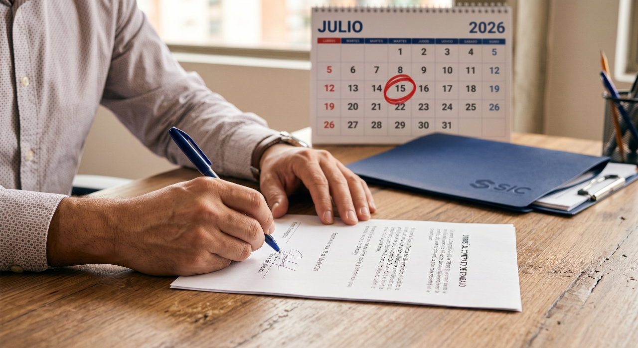 Firma de otrosí al contrato de trabajo con calendario de fondo marcando el 15 de julio, fecha de entrada en vigencia de la jornada de 42 horas