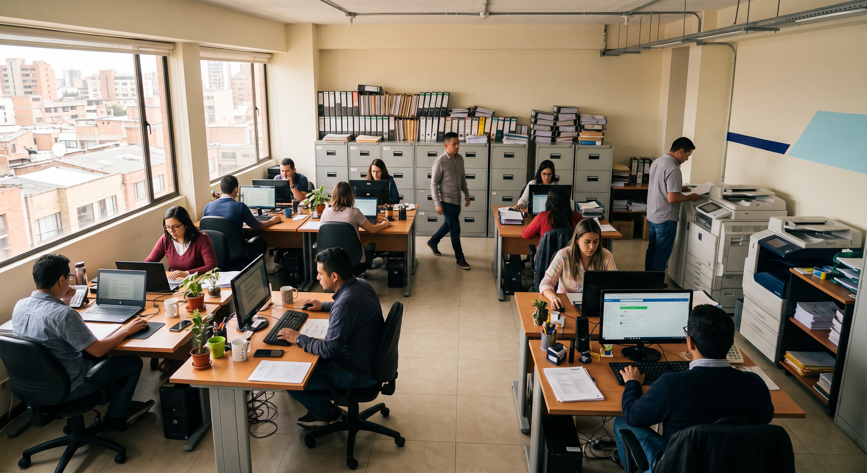 Vista amplia de una oficina de pyme colombiana en funcionamiento, con puestos de trabajo y archivadores físicos